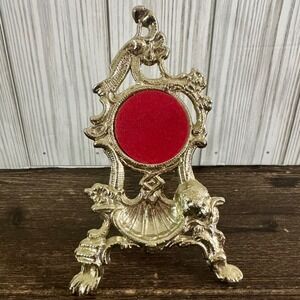 Vintage Ornate Gold Pocket Watch Metal Easel Display Holder VIP Red Velvet Inset